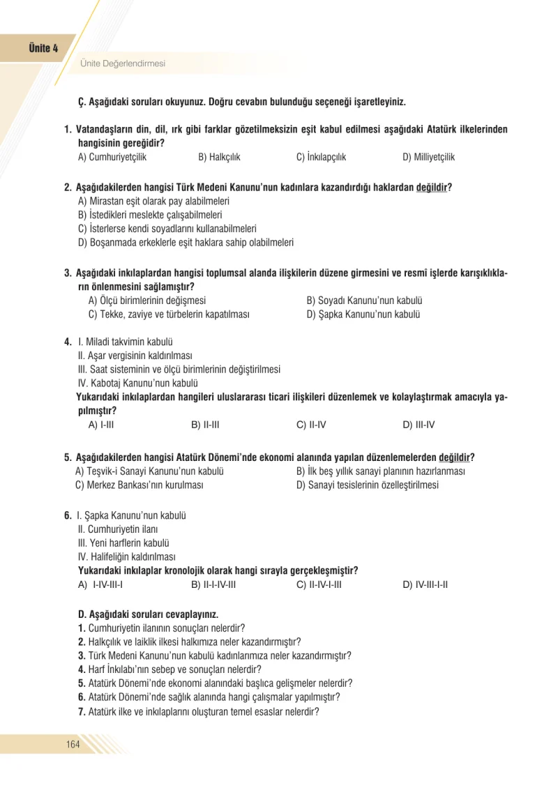 8. Sınıf İnkılap Tarihi Ders Kitabı Cevapları Semih Ofset S.E.K. Yayınları Sayfa 164