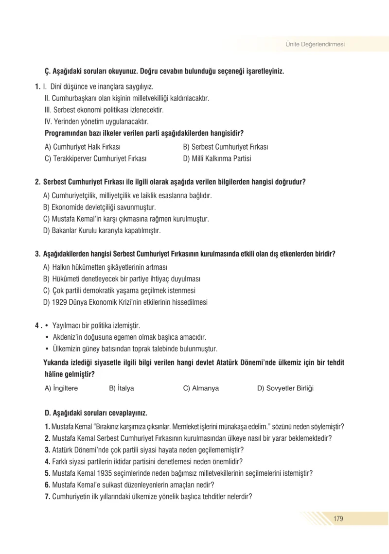 8. Sınıf İnkılap Tarihi Ders Kitabı Cevapları Semih Ofset S.E.K. Yayınları Sayfa 179