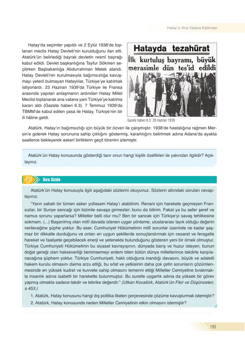 8. Sınıf İnkılap Tarihi Ders Kitabı Cevapları Semih Ofset S.E.K. Yayınları Sayfa 193