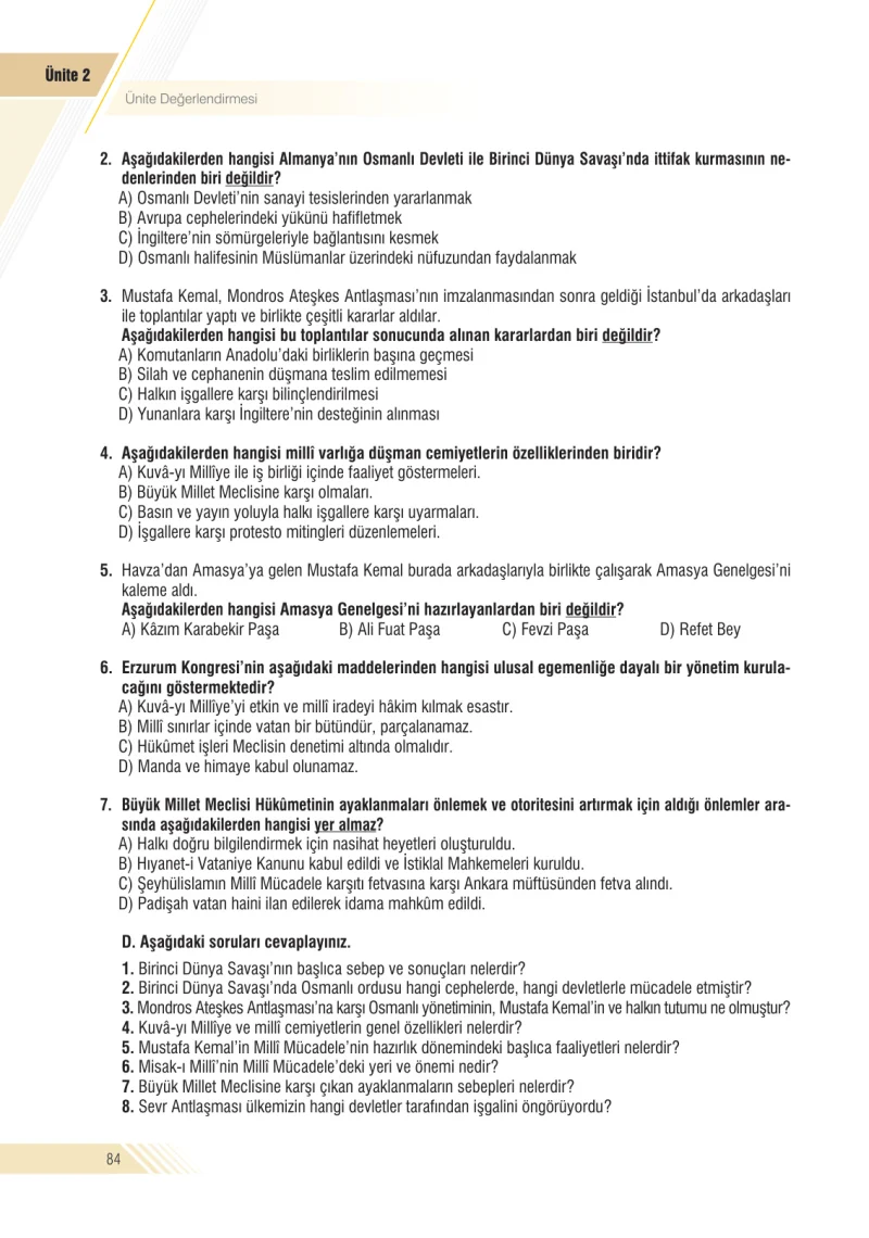 8. Sınıf İnkılap Tarihi Ders Kitabı Cevapları Semih Ofset S.E.K. Yayınları Sayfa 84