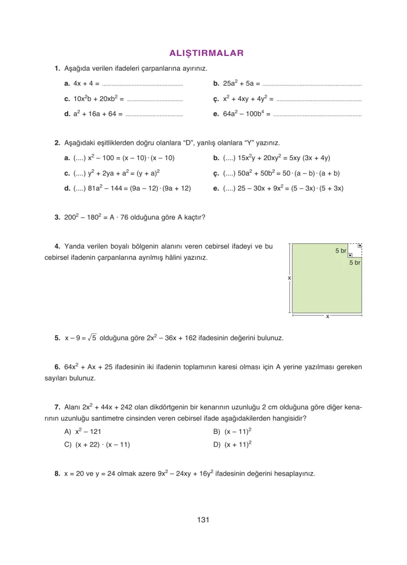 8. Sınıf Matematik Ders Kitabı Cevapları Ada Yayınları Sayfa 131