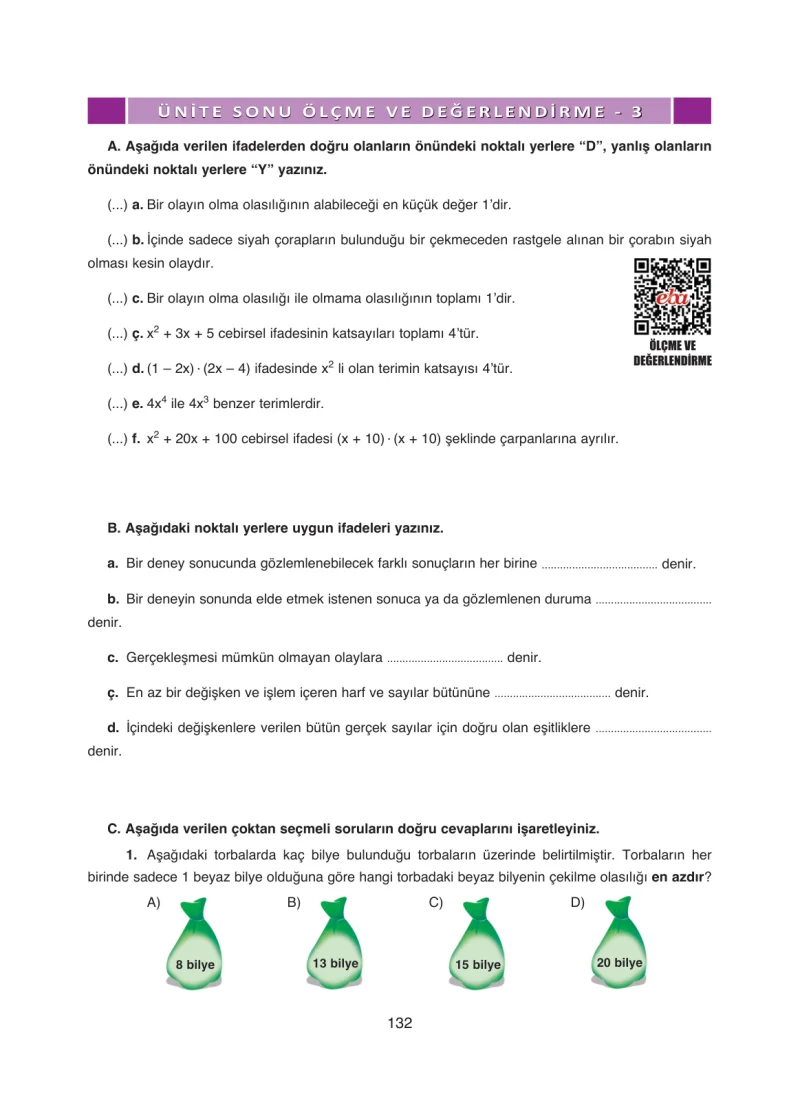 8. Sınıf Matematik Ders Kitabı Cevapları Ada Yayınları Sayfa 132