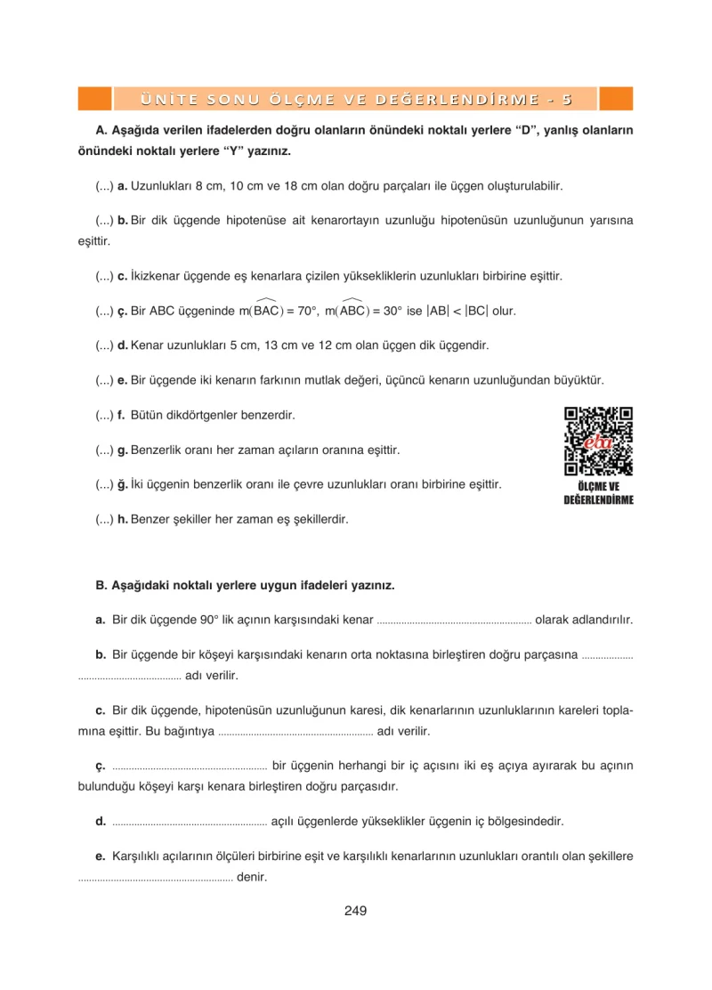 8. Sınıf Matematik Ders Kitabı Cevapları Ada Yayınları Sayfa 249