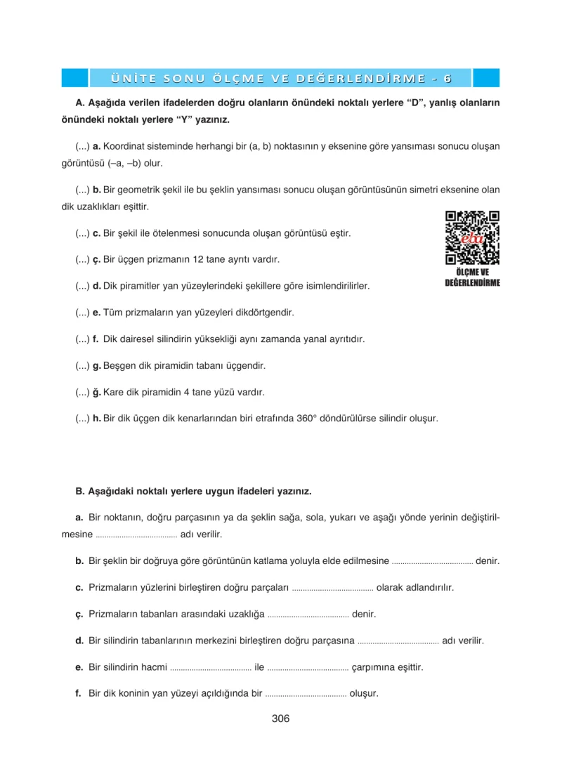 8. Sınıf Matematik Ders Kitabı Cevapları Ada Yayınları Sayfa 306