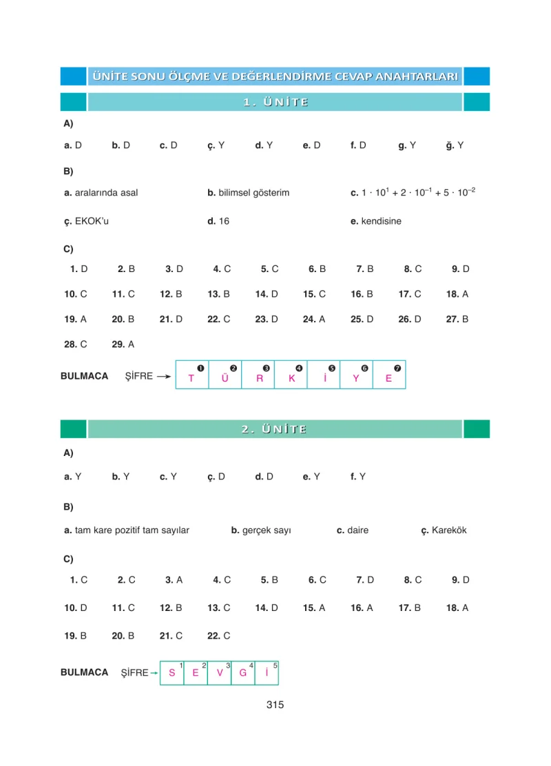 8. Sınıf Matematik Ders Kitabı Cevapları Ada Yayınları Sayfa 315