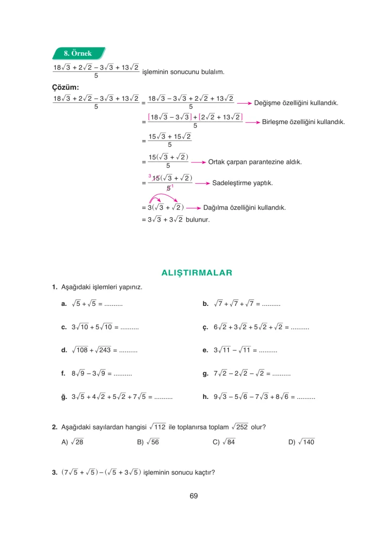 8. Sınıf Matematik Ders Kitabı Cevapları Ada Yayınları Sayfa 69