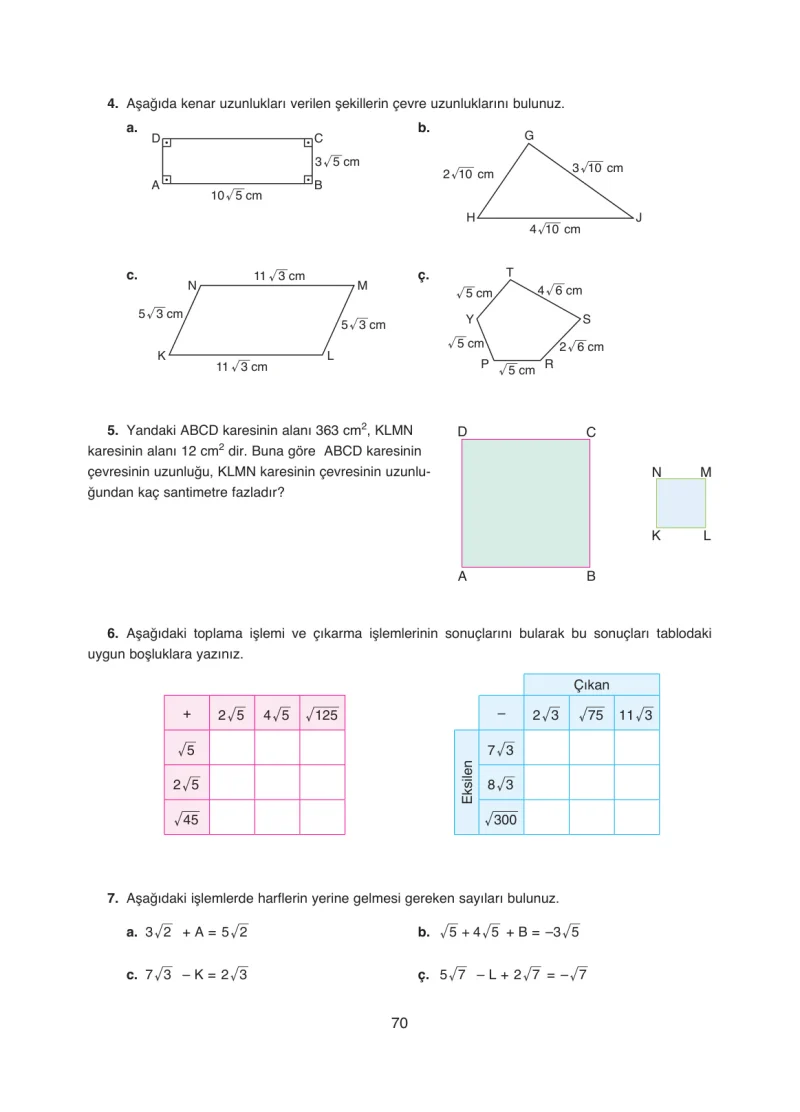 8. Sınıf Matematik Ders Kitabı Cevapları Ada Yayınları Sayfa 70
