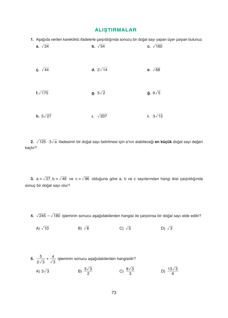 8. Sınıf Matematik Ders Kitabı Cevapları Ada Yayınları Sayfa 73