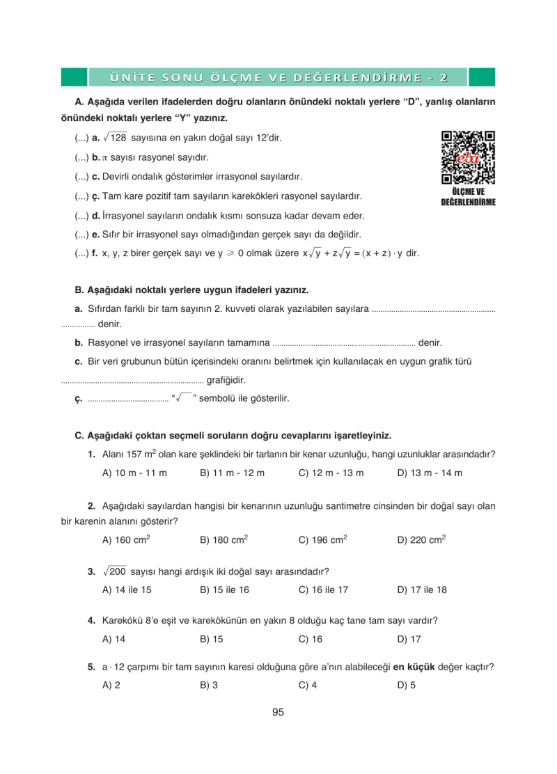 8. Sınıf Matematik Ders Kitabı Cevapları Ada Yayınları Sayfa 95