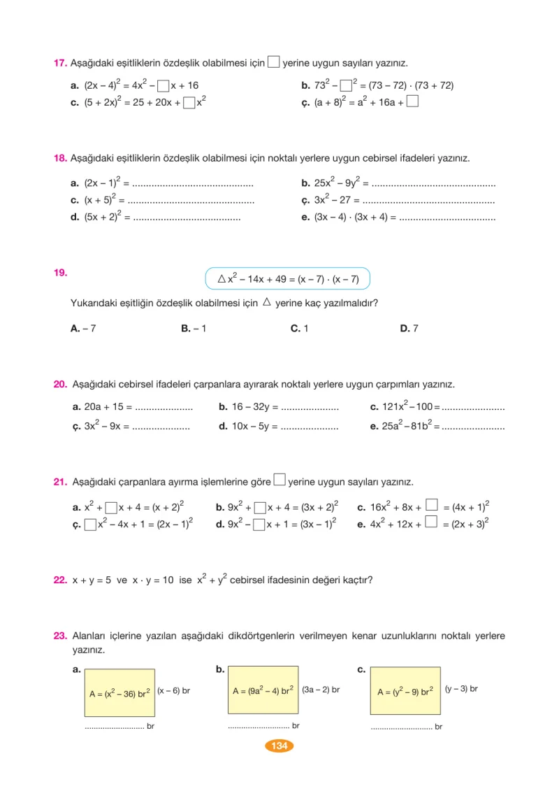 8. Sınıf Matematik Ders Kitabı Cevapları Berkay Yayınları Sayfa 134