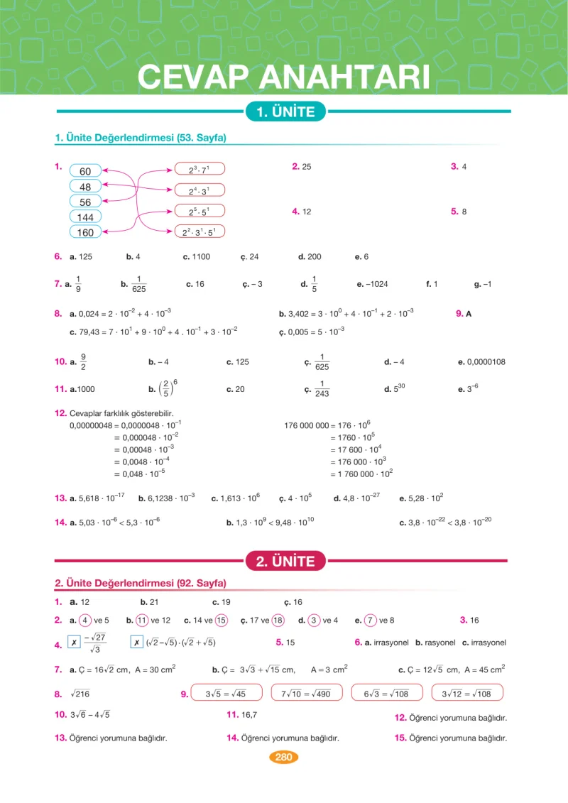 8. Sınıf Matematik Ders Kitabı Cevapları Berkay Yayınları Sayfa 280