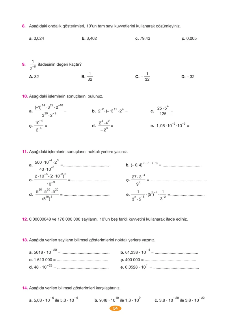 8. Sınıf Matematik Ders Kitabı Cevapları Berkay Yayınları Sayfa 54