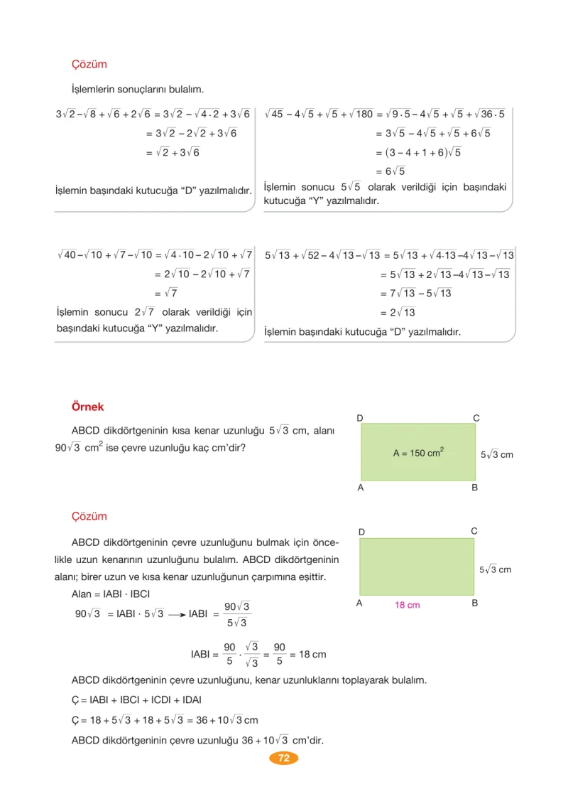 8. Sınıf Matematik Ders Kitabı Cevapları Berkay Yayınları Sayfa 72
