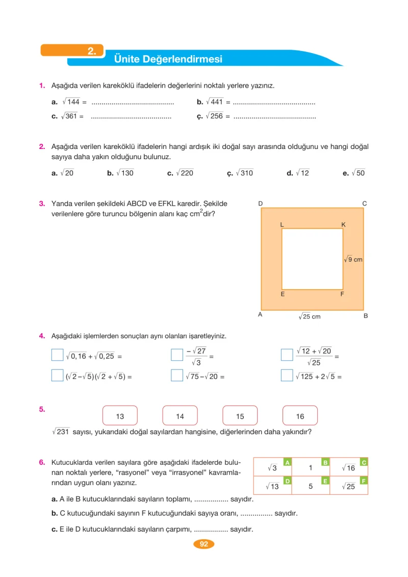 8. Sınıf Matematik Ders Kitabı Cevapları Berkay Yayınları Sayfa 92