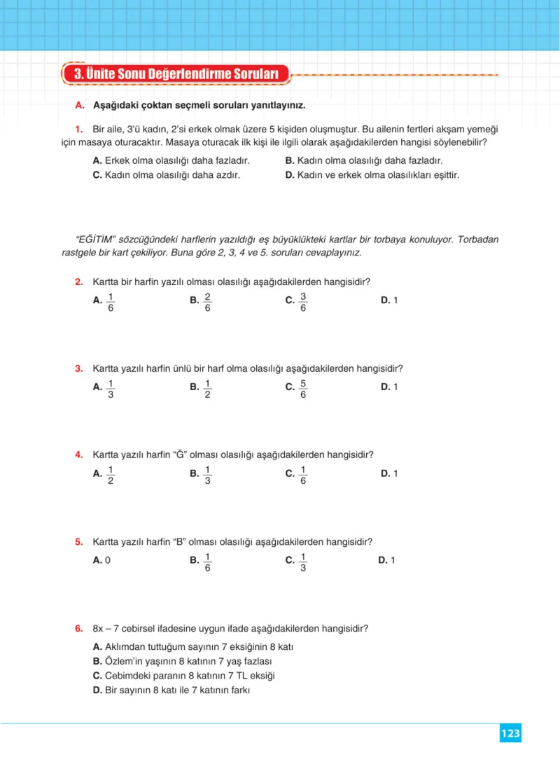 8. Sınıf Matematik Ders Kitabı Cevapları Koza Yayınları Sayfa 123