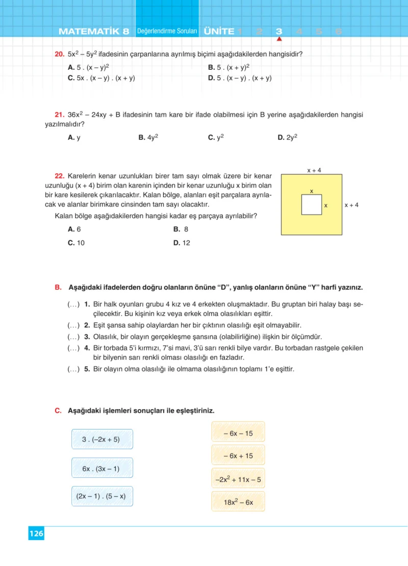 8. Sınıf Matematik Ders Kitabı Cevapları Koza Yayınları Sayfa 126