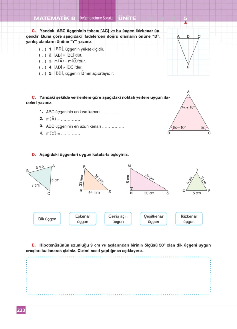 8. Sınıf Matematik Ders Kitabı Cevapları Koza Yayınları Sayfa 220