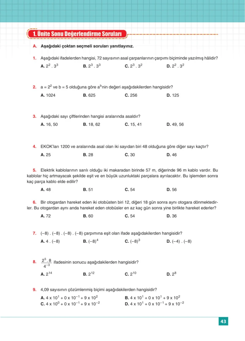 8. Sınıf Matematik Ders Kitabı Cevapları Koza Yayınları Sayfa 43