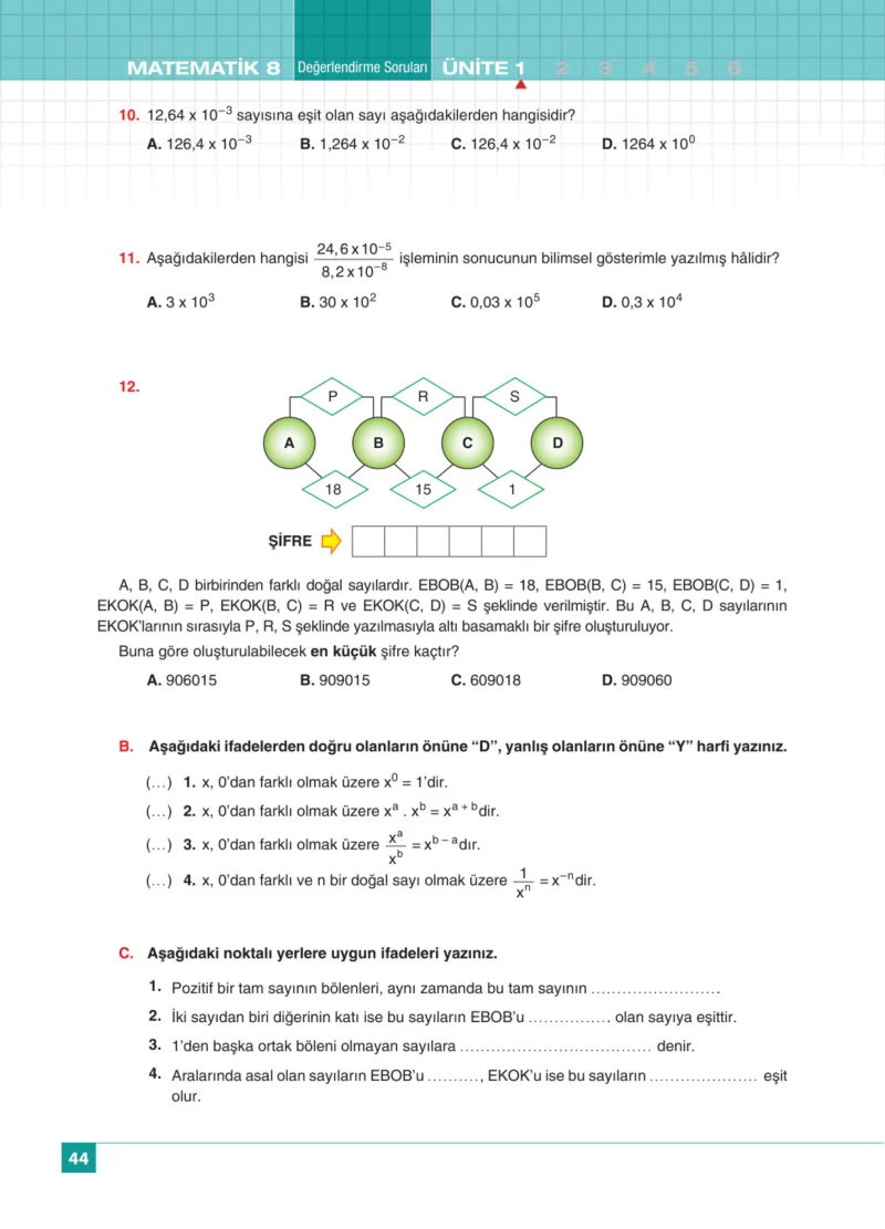 8. Sınıf Matematik Ders Kitabı Cevapları Koza Yayınları Sayfa 44