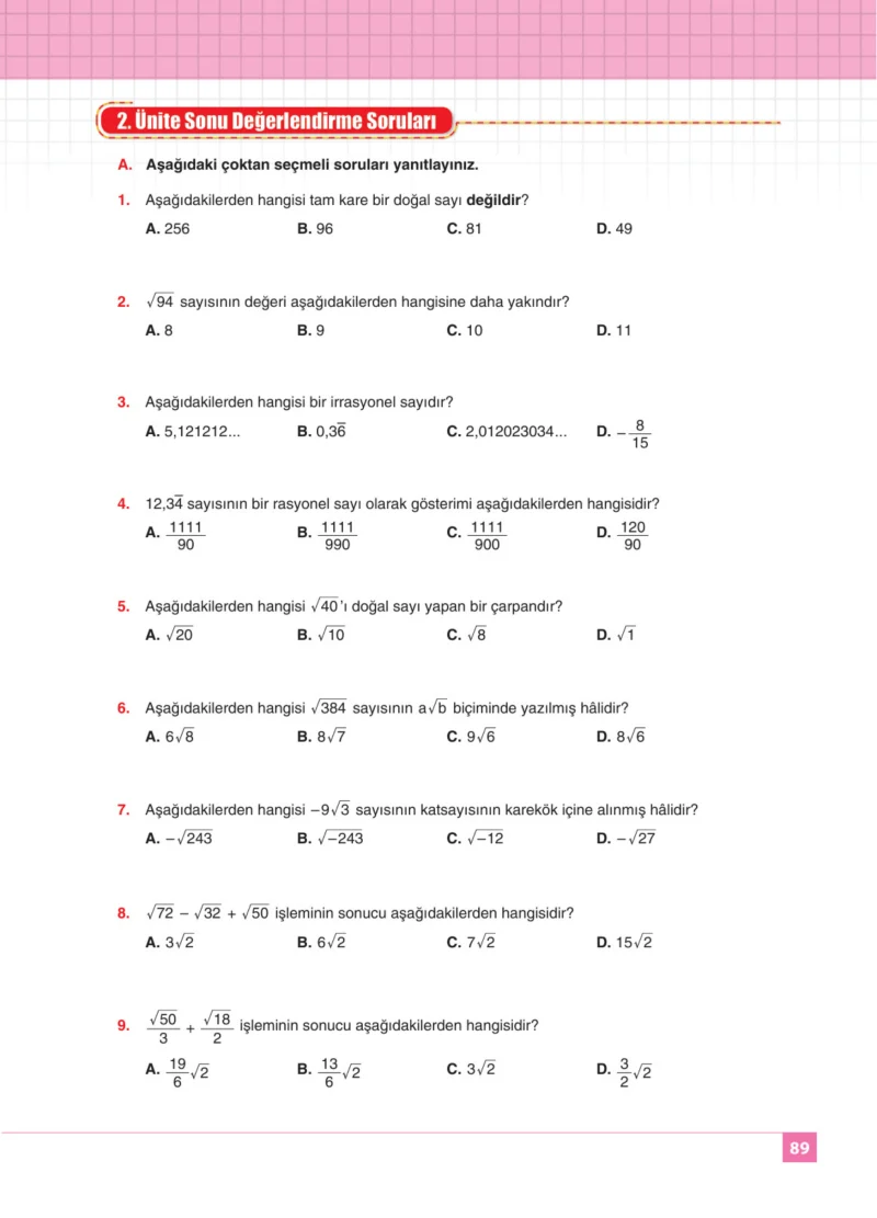 8. Sınıf Matematik Ders Kitabı Cevapları Koza Yayınları Sayfa 89