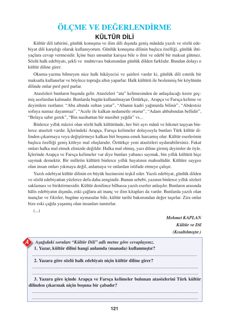 8. Sınıf Türkçe Ders Kitabı Cevapları Hecce Yayınları Sayfa 121