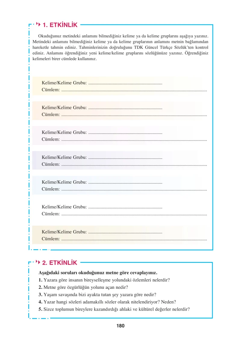 8. Sınıf Türkçe Ders Kitabı Cevapları Hecce Yayınları Sayfa 180