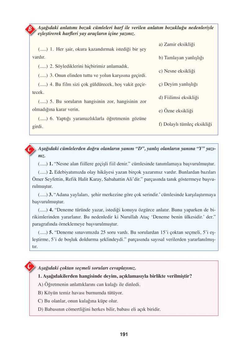 8. Sınıf Türkçe Ders Kitabı Cevapları Hecce Yayınları Sayfa 191