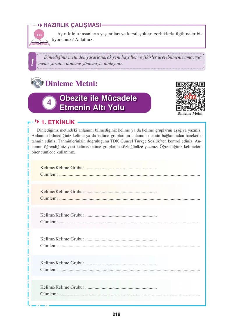 8. Sınıf Türkçe Ders Kitabı Cevapları Hecce Yayınları Sayfa 218
