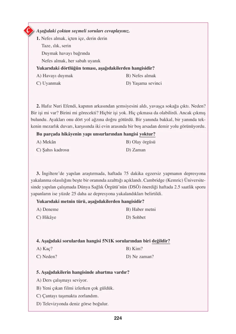 8. Sınıf Türkçe Ders Kitabı Cevapları Hecce Yayınları Sayfa 224