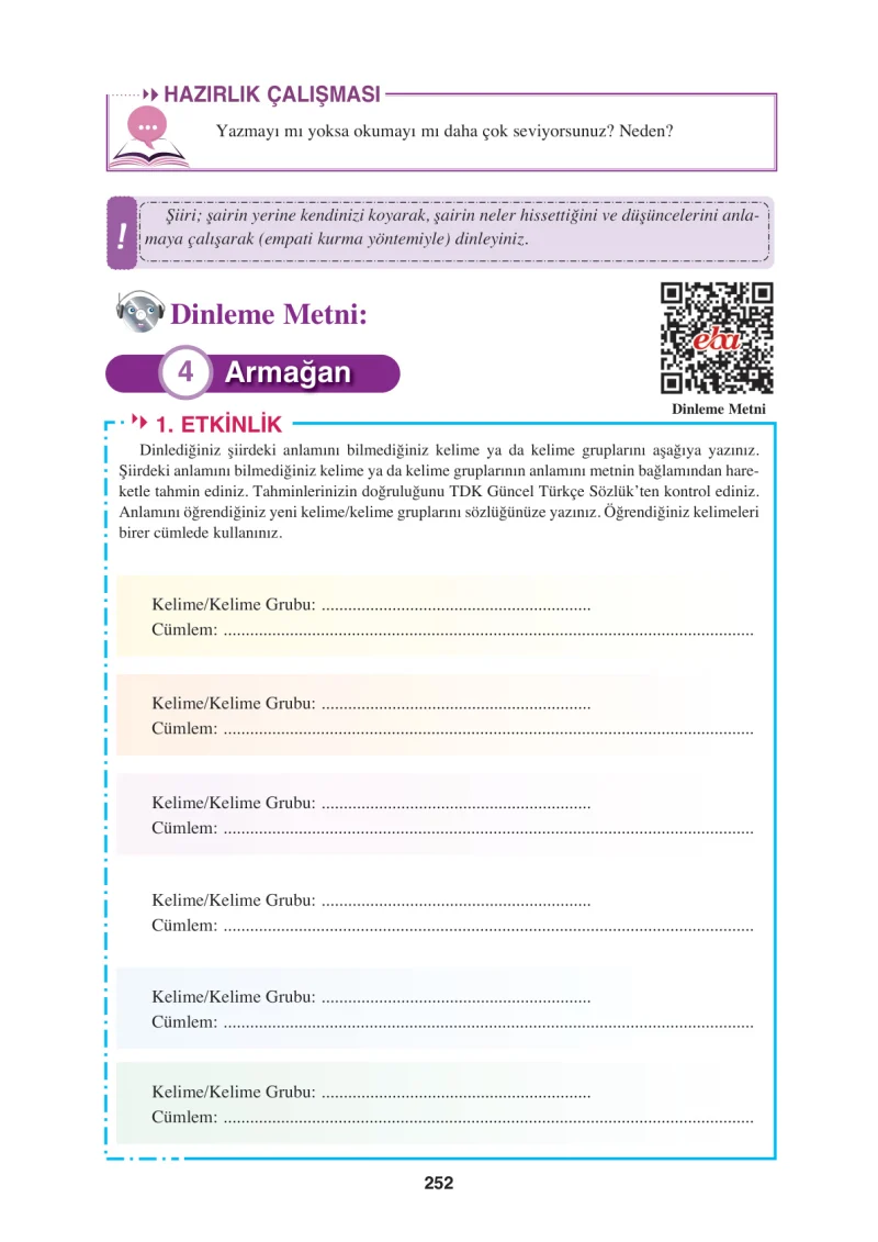 8. Sınıf Türkçe Ders Kitabı Cevapları Hecce Yayınları Sayfa 252
