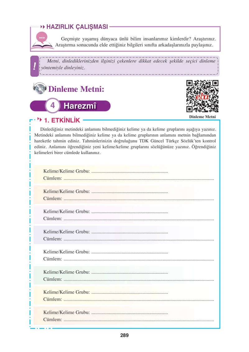8. Sınıf Türkçe Ders Kitabı Cevapları Hecce Yayınları Sayfa 289