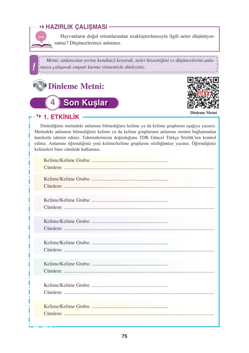 8. Sınıf Türkçe Ders Kitabı Cevapları Hecce Yayınları Sayfa 75
