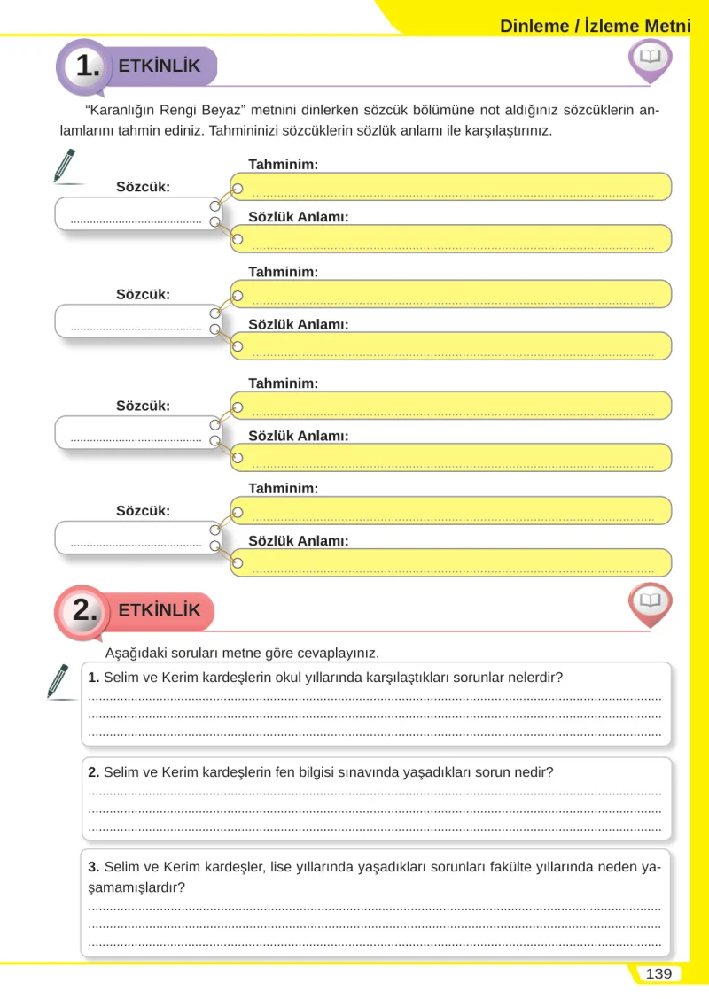 8. Sınıf Türkçe Ders Kitabı Cevapları Meb Yayınları Sayfa 139