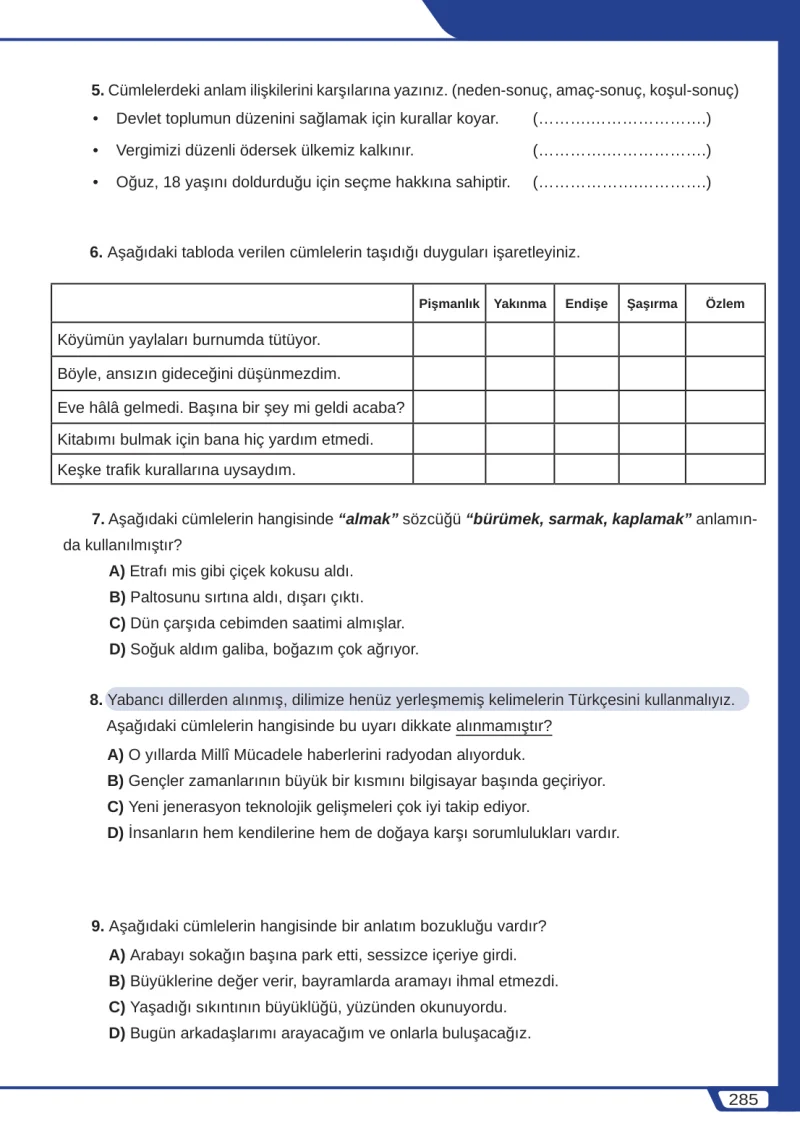8. Sınıf Türkçe Ders Kitabı Cevapları Meb Yayınları Sayfa 285