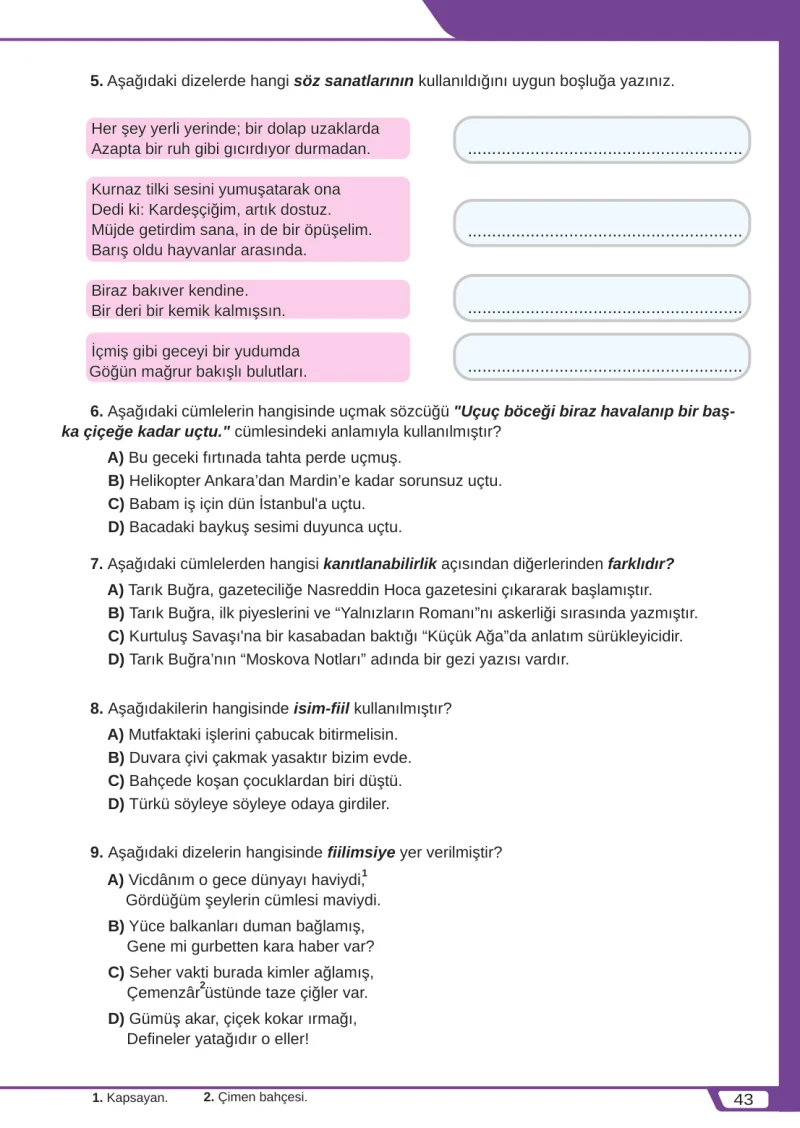 8. Sınıf Türkçe Ders Kitabı Cevapları Meb Yayınları Sayfa 43