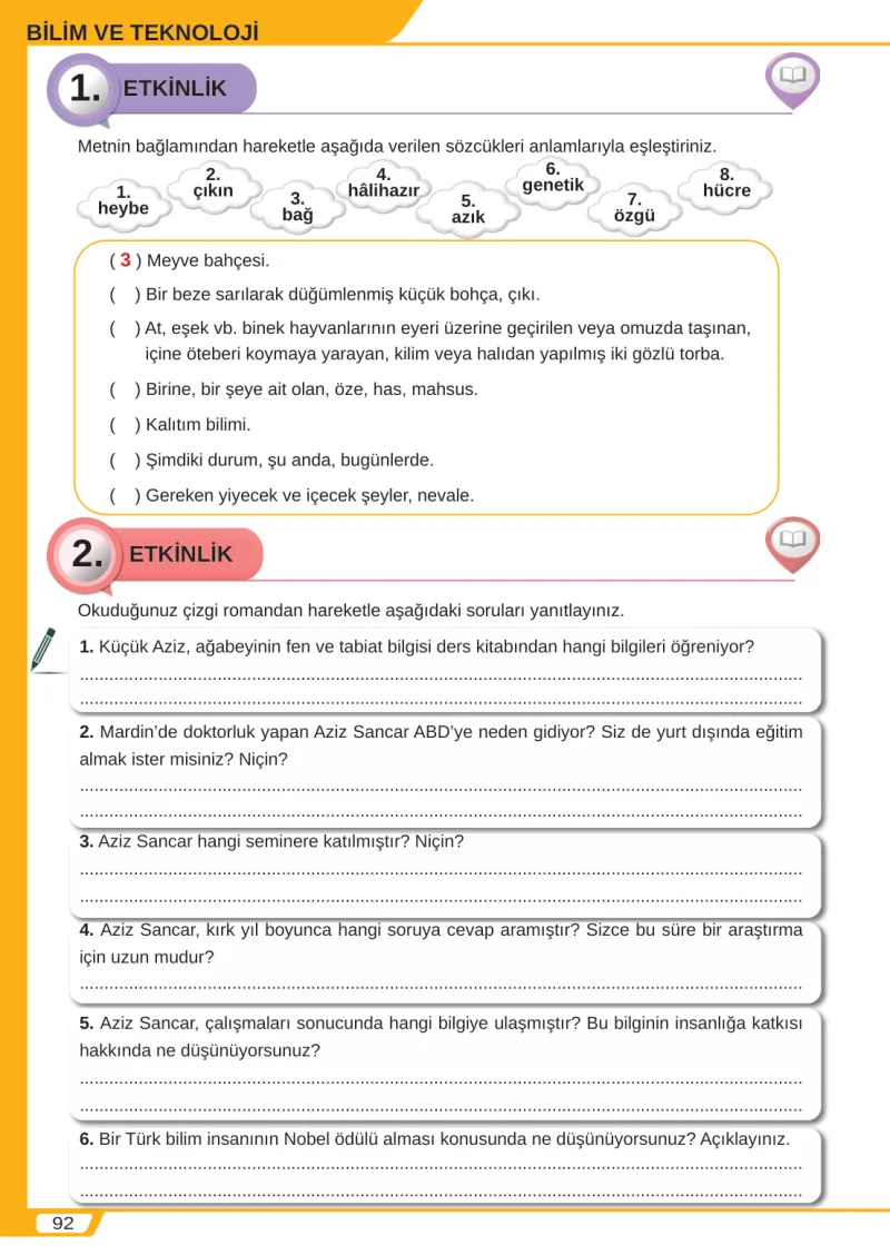 8. Sınıf Türkçe Ders Kitabı Cevapları Meb Yayınları Sayfa 92