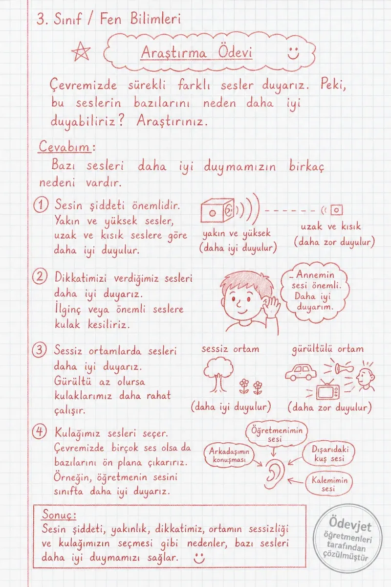 Çevremizde sürekli farklı sesler duyarız. Peki, bu seslerin bazılarını neden daha iyi duyabiliriz? Araştırınız — çözüm