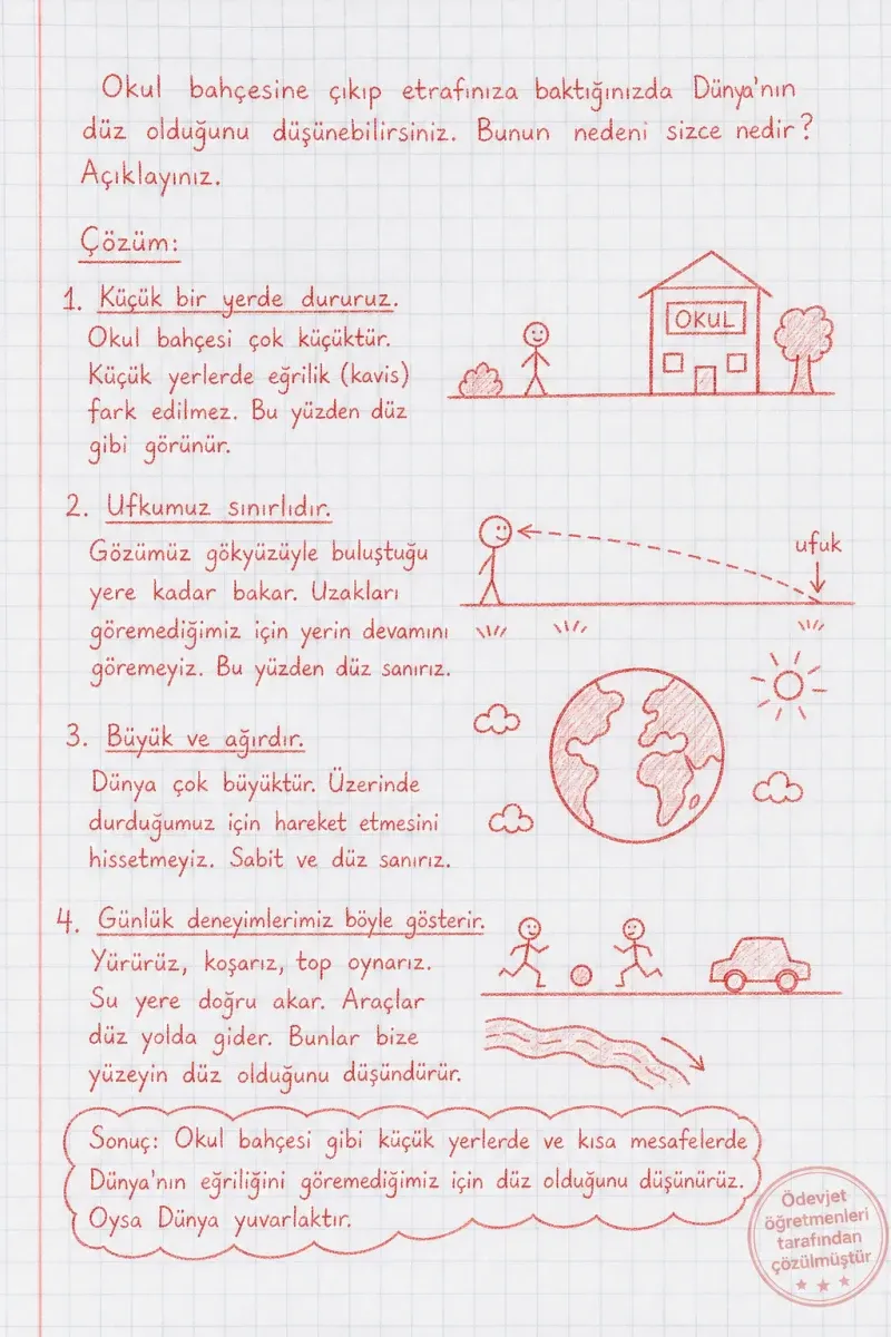 Okul bahçesine çıkıp etrafınıza baktığınızda Dünya’nın düz olduğunu düşünebilirsiniz. Bunun nedeni sizce nedir? Açıklayınız — çözüm